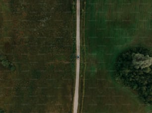 an aerial view of a road in the middle of a field