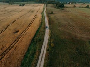 an aerial view of a truck driving down a country road