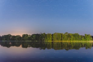 a body of water surrounded by trees under a blue sky