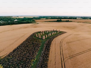 an aerial view of a field with a large group of trees