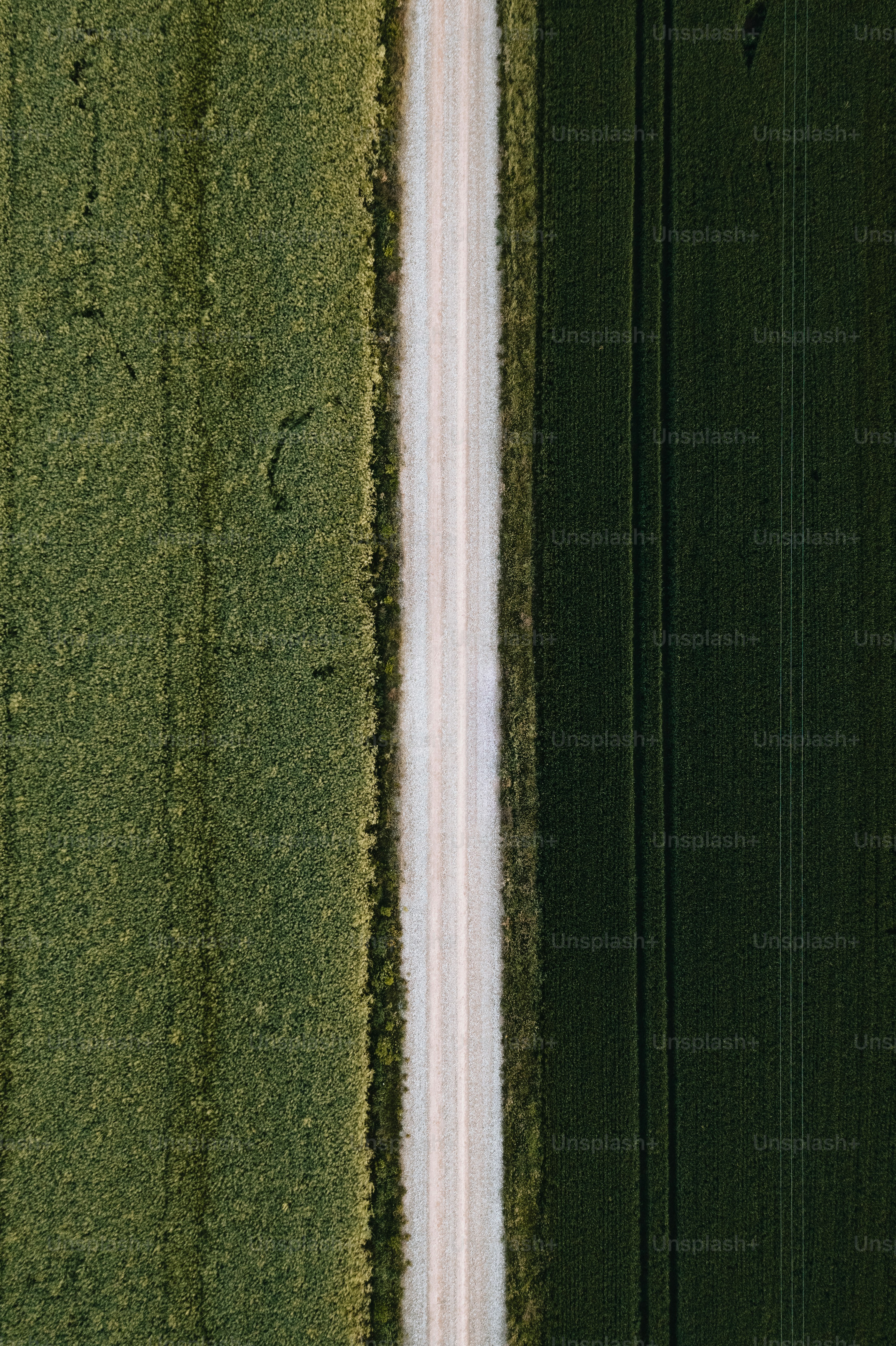 an aerial view of a road between two green fields