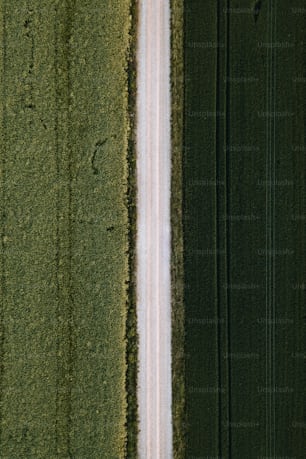 an aerial view of a road between two green fields