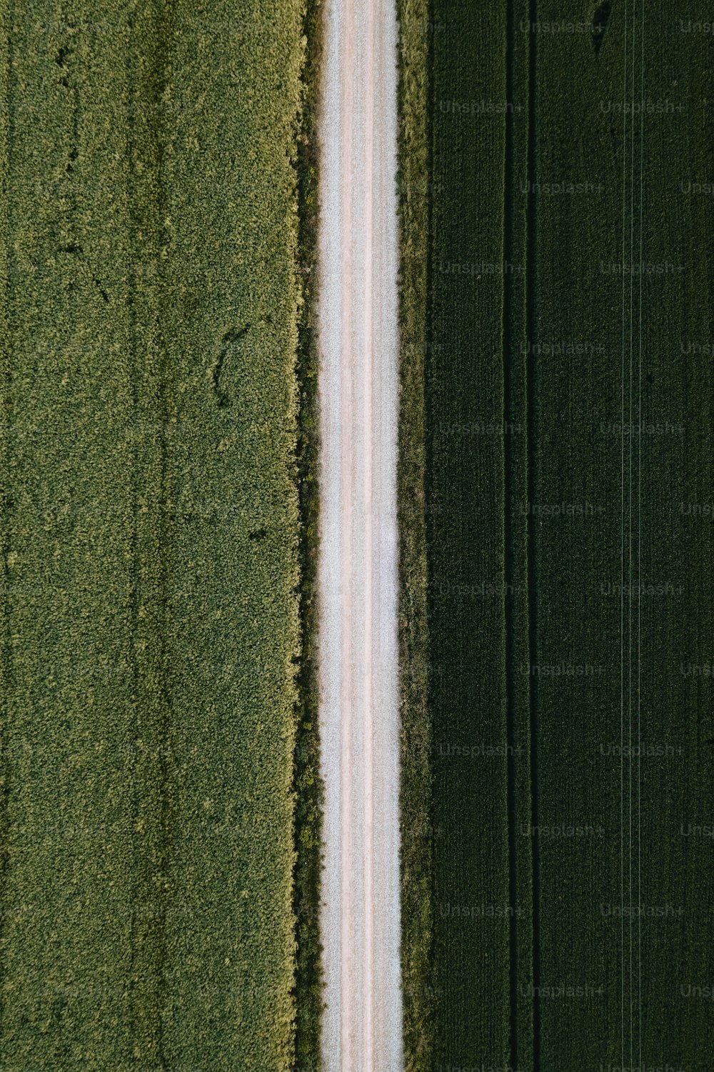 an aerial view of a road between two green fields