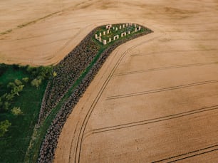 an aerial view of a farm field with a house in the middle of it