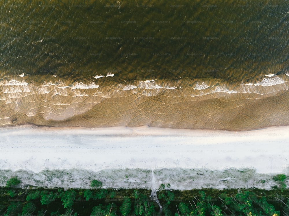 uma vista aérea de uma praia e um corpo de água
