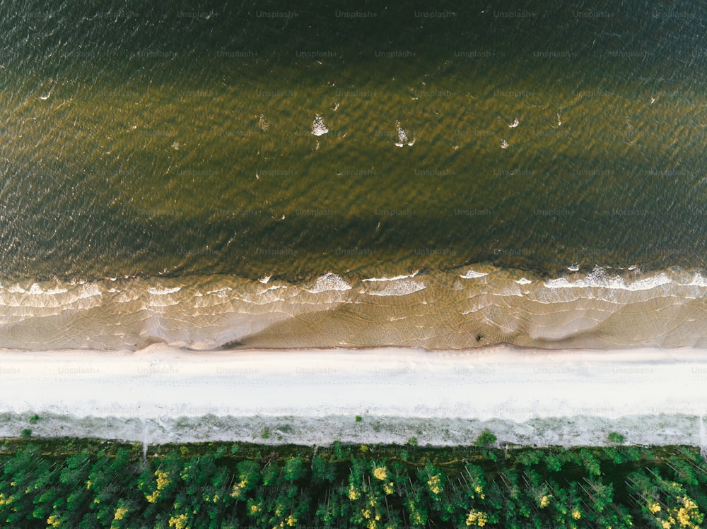 una veduta aerea di una spiaggia e di uno specchio d'acqua