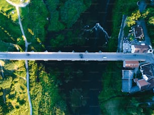 an aerial view of a bridge over a river