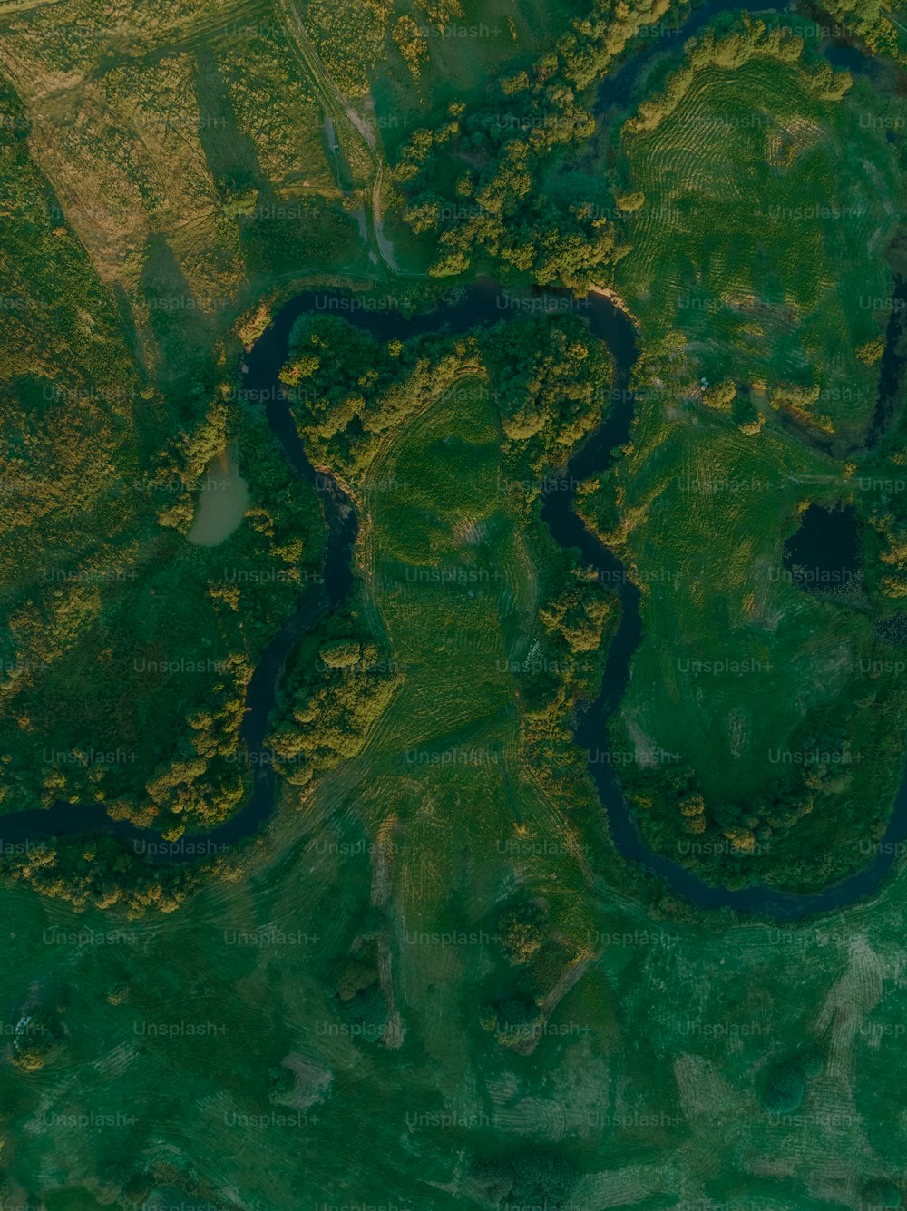 an aerial view of a river running through a lush green field