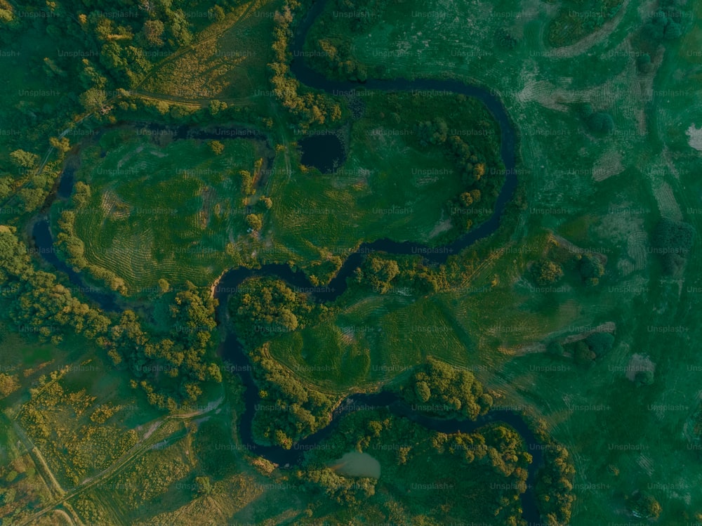 una vista aérea de una zona cubierta de hierba con un río que la atraviesa