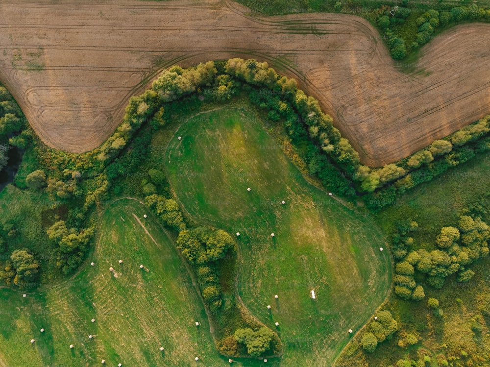 an aerial view of a green golf course