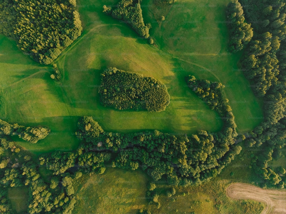 an aerial view of a green golf course