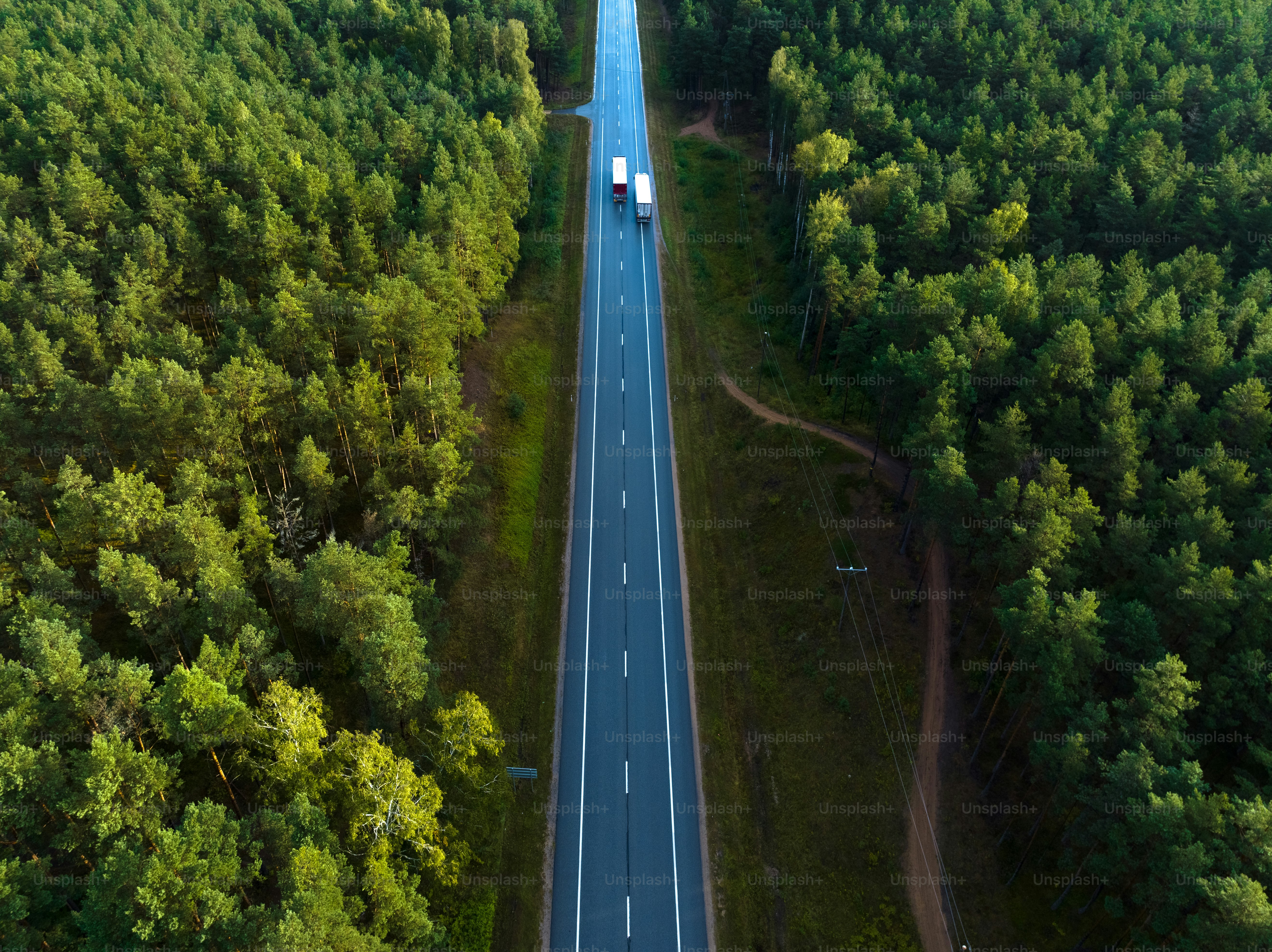 an aerial view of a highway in the middle of a forest