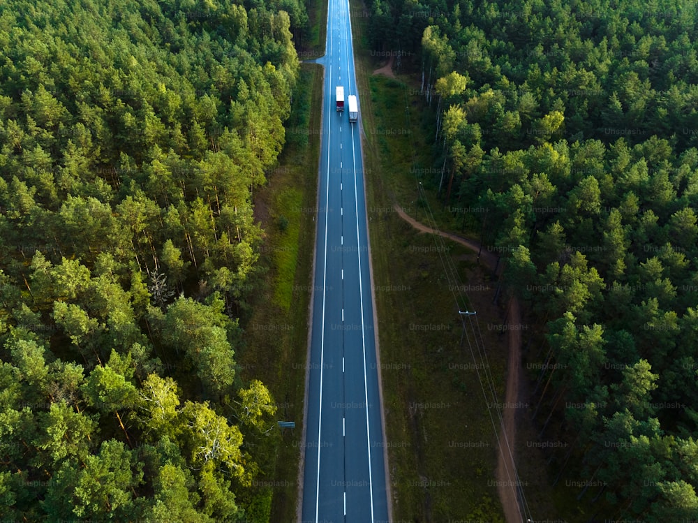 an aerial view of a highway in the middle of a forest