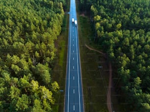 an aerial view of a highway in the middle of a forest