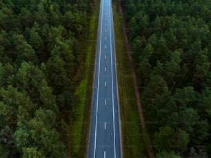 an aerial view of a road in the middle of a forest