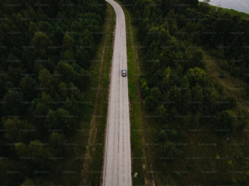 um carro dirigindo por uma estrada no meio de uma floresta