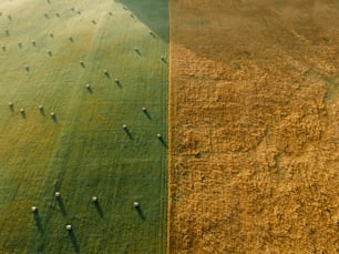 an aerial view of a field and a field of grass