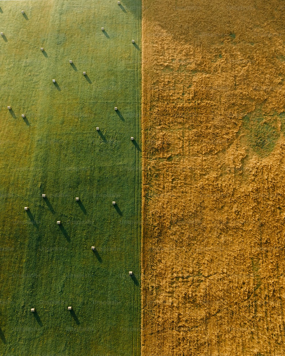uma vista aérea de um campo verde e um campo amarelo