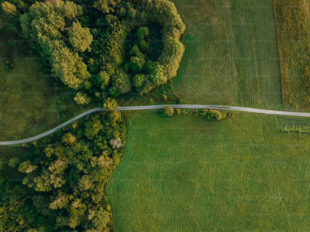 an aerial view of a winding road in the middle of a green field