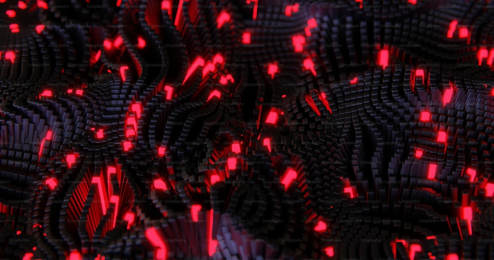 a bunch of black and red objects with red lights