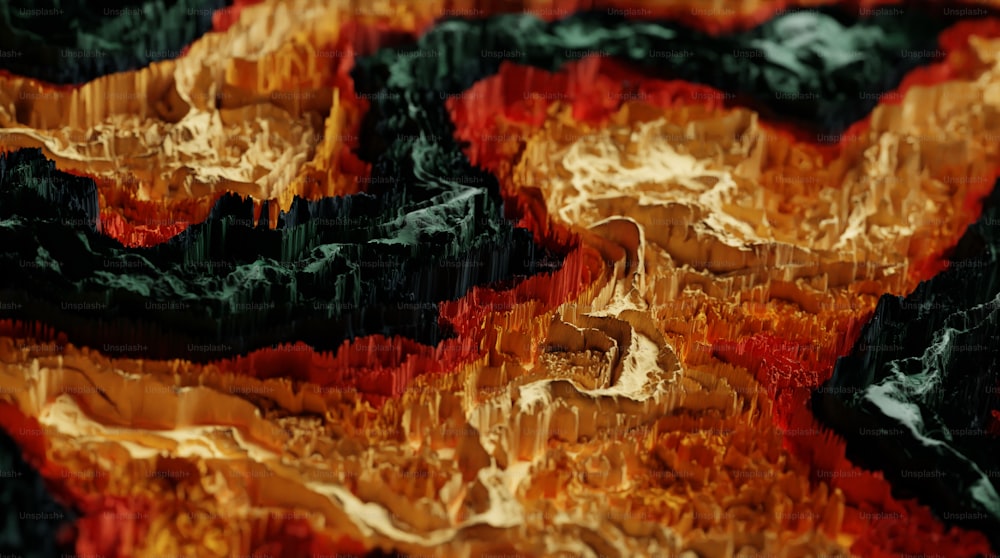 빨강, 노랑, 검정색의 산맥을 추상화한 그림