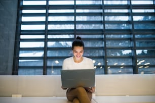 A portrait of a young student or businesswoman sitting on desk in room in a library or office, using laptop.