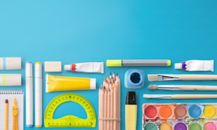 A flat lay top view of group of school supplies, back to school concept. Copy space.
