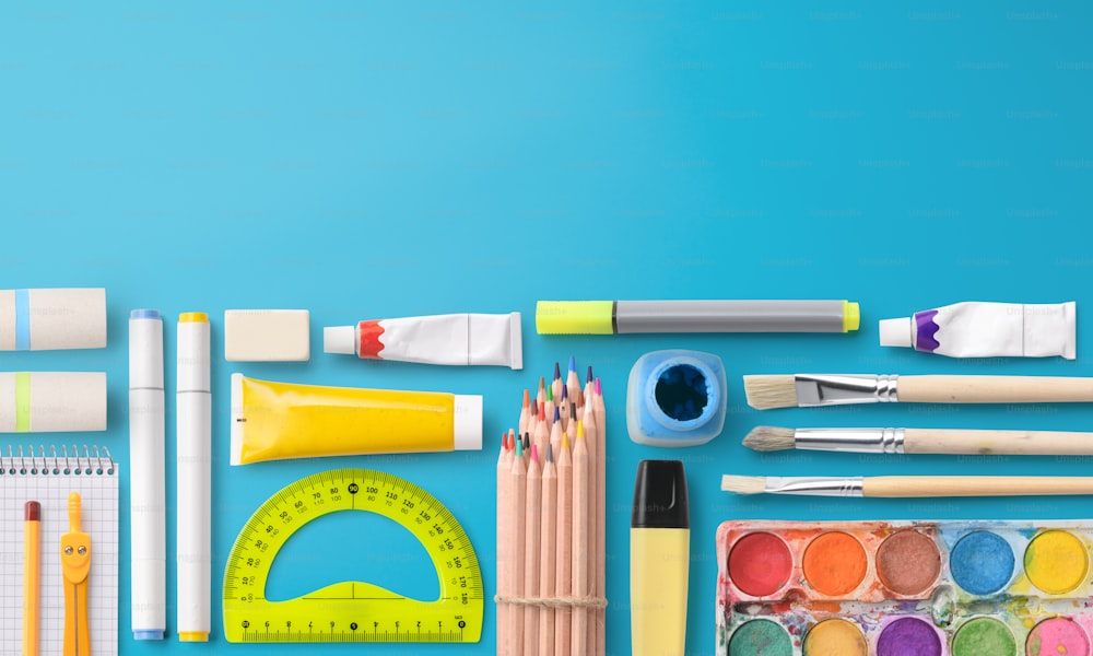 A flat lay top view of group of school supplies, back to school concept. Copy space.