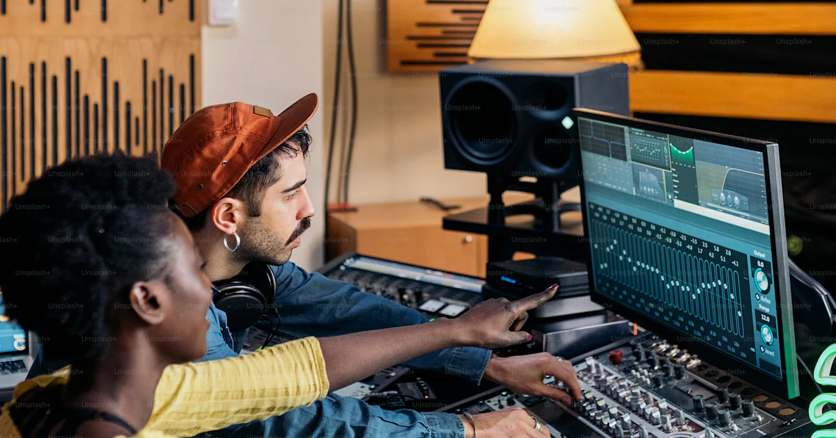 Stock photo of happy black singer working in professional music studio ...