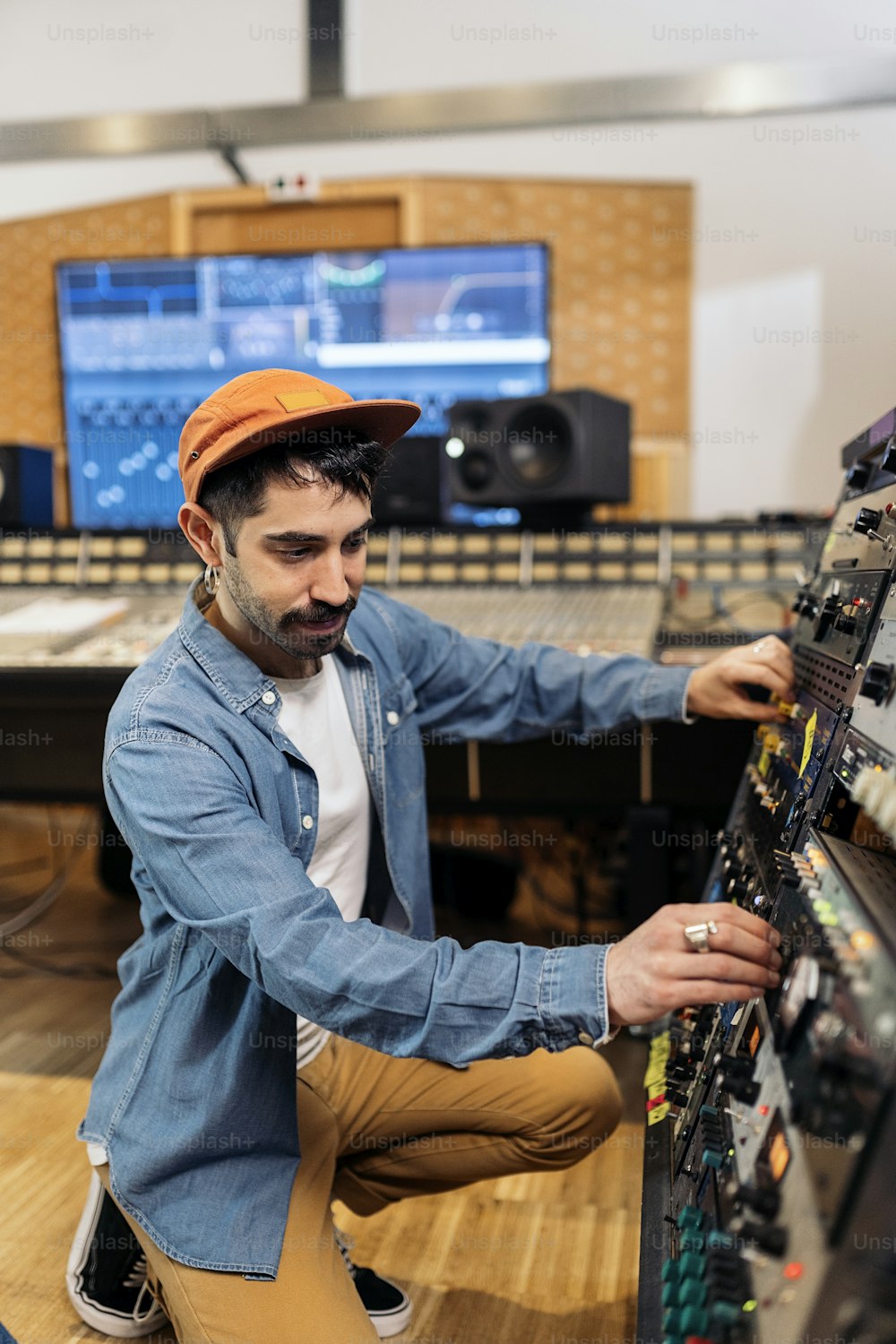 Foto de archivo de hombre hipster usando el control del panel en el estudio de música profesional.