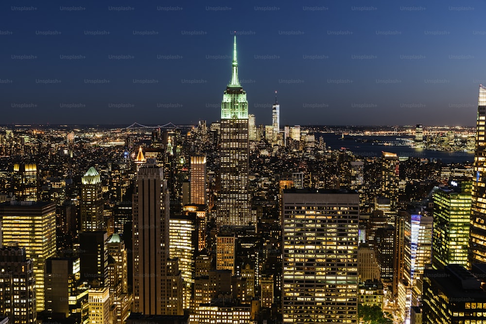Skyline noturno da cidade de Nova York. Conceito Urbano.