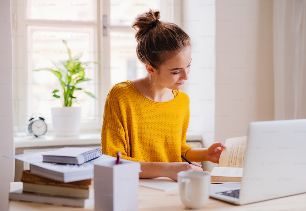 A young happy college female student sitting at the table at home, using laptop when studying.