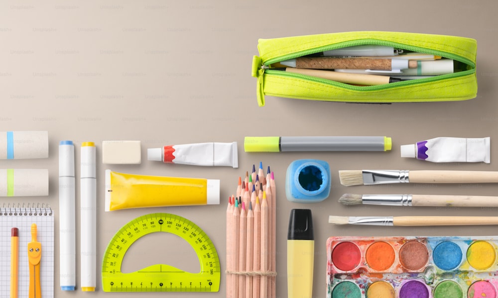 A flat lay top view of group of school supplies, back to school concept. Copy space.