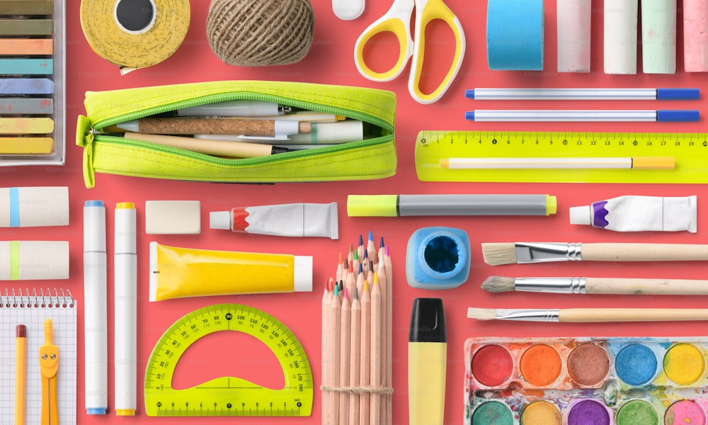 A flat lay top view of group of school supplies, back to school concept.