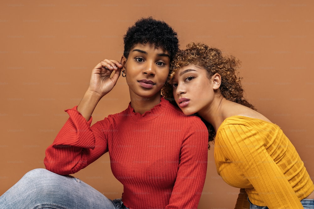 Banque d’images de belles femmes afro posant en studio, prises sur fond brun.