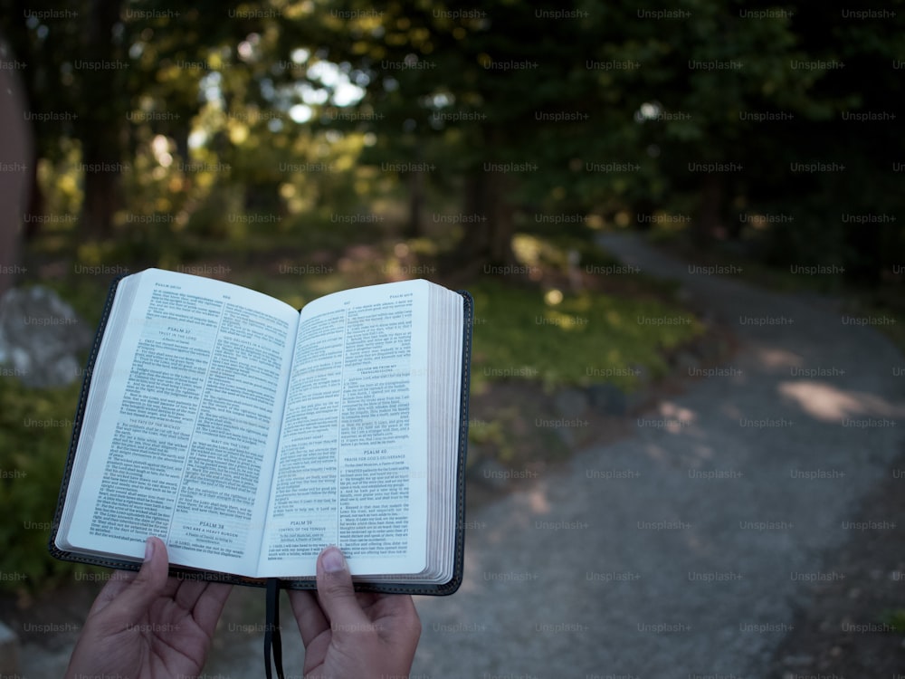 a person holding an open book in their hands