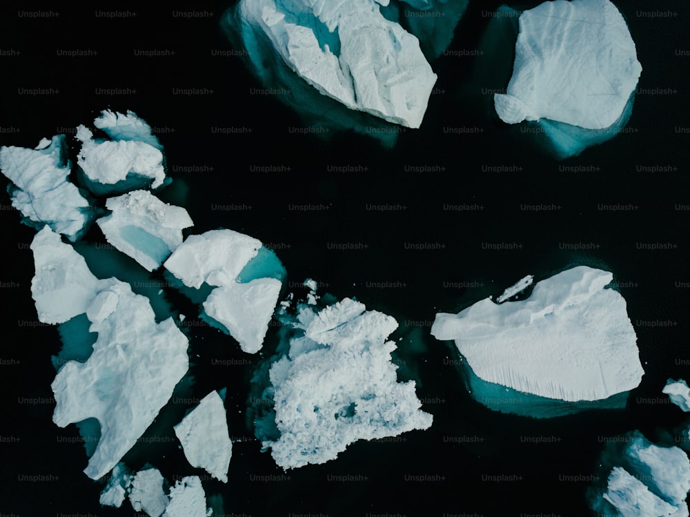 um grupo de pedaços de gelo flutuando em cima de um corpo de água