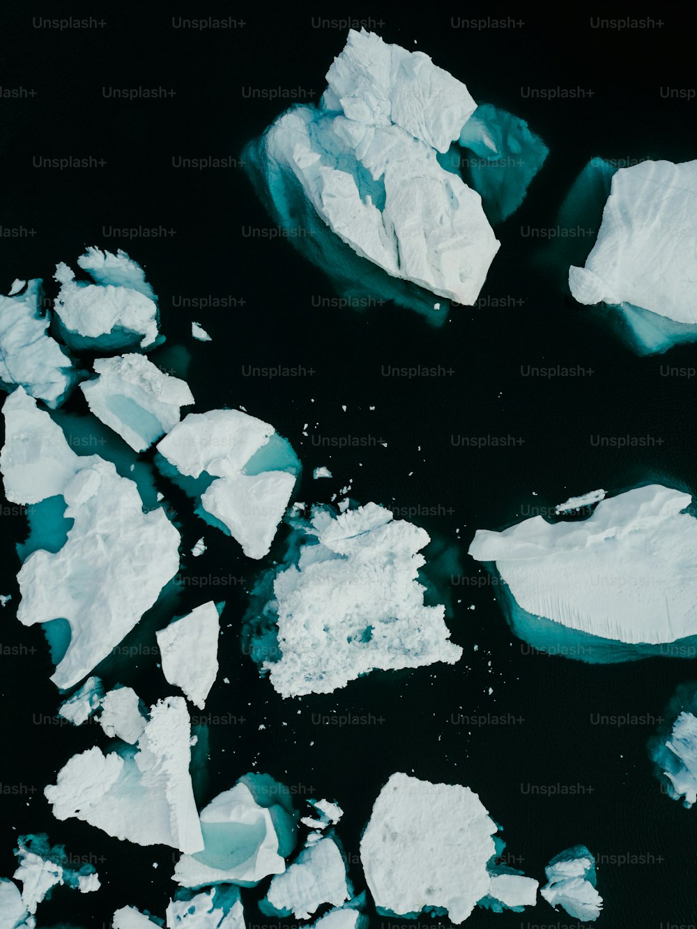 수역 위에 떠 있는 빙산 무리