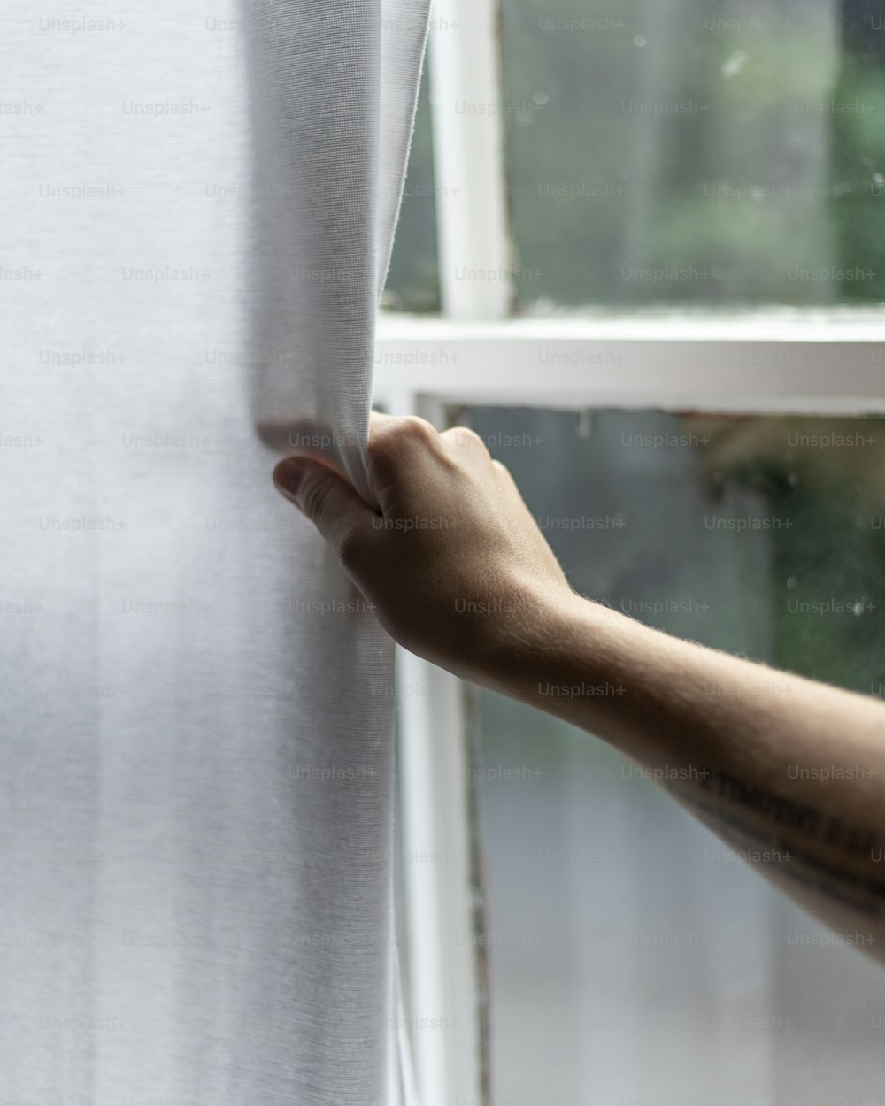 a person is holding a curtain up to a window