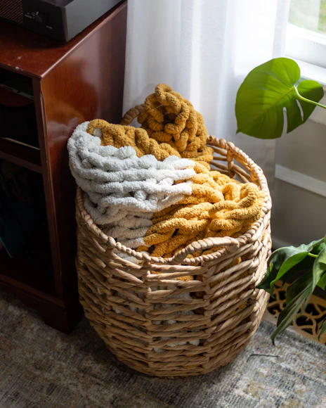 Large Wicker Storage Basket in Boho Living Room Decor 2026