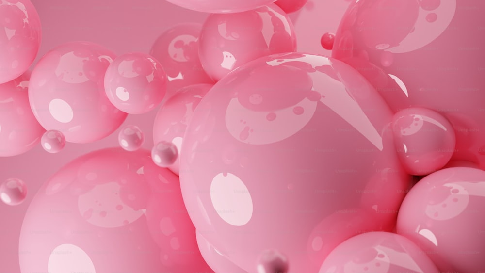um monte de balões cor-de-rosa flutuando no ar