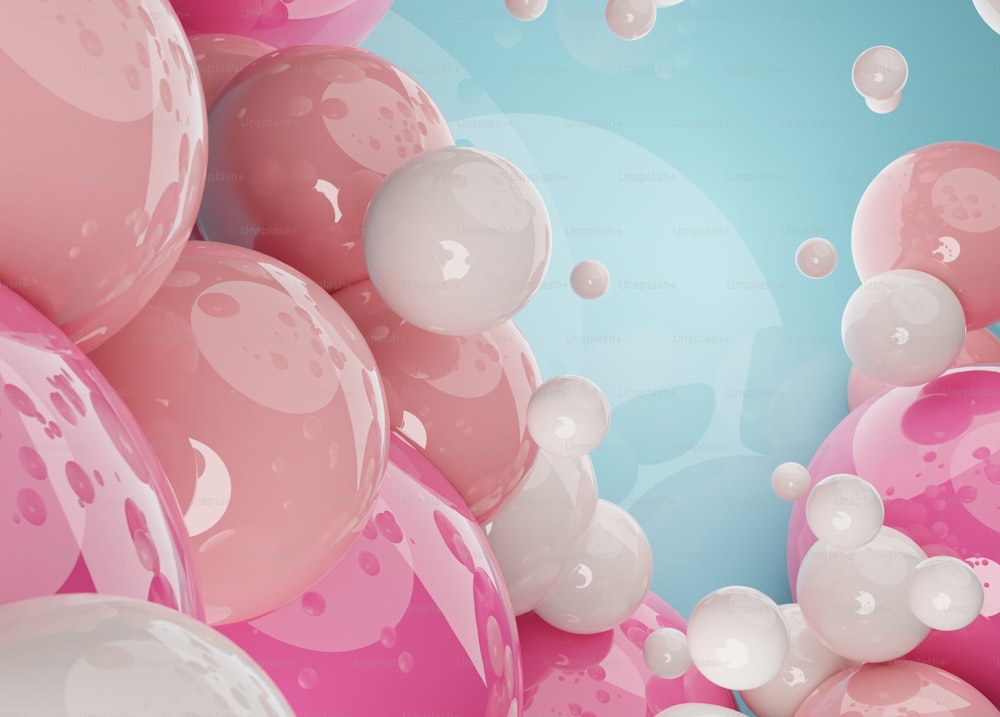 um monte de balões rosa e branco flutuando no ar