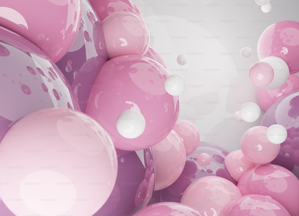 um monte de balões rosa e branco flutuando no ar