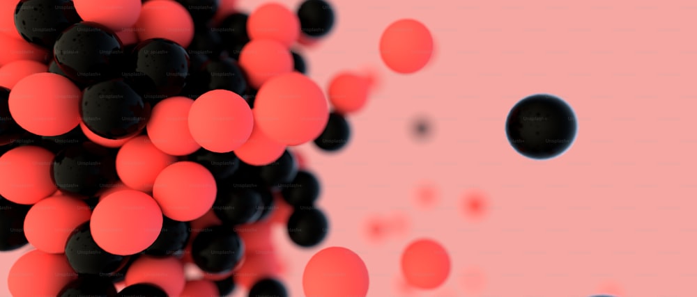 a bunch of black and red balls on a pink background