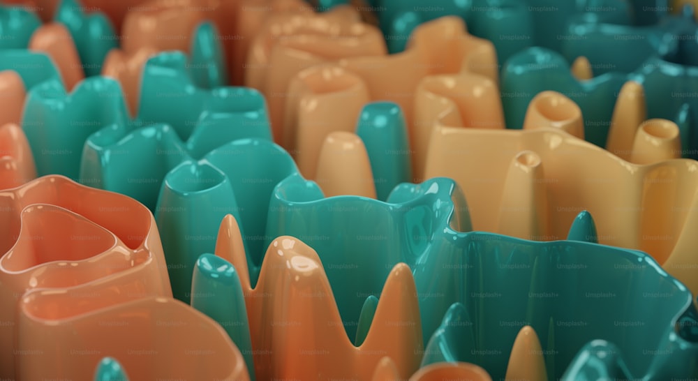 a close up of many different colored vases