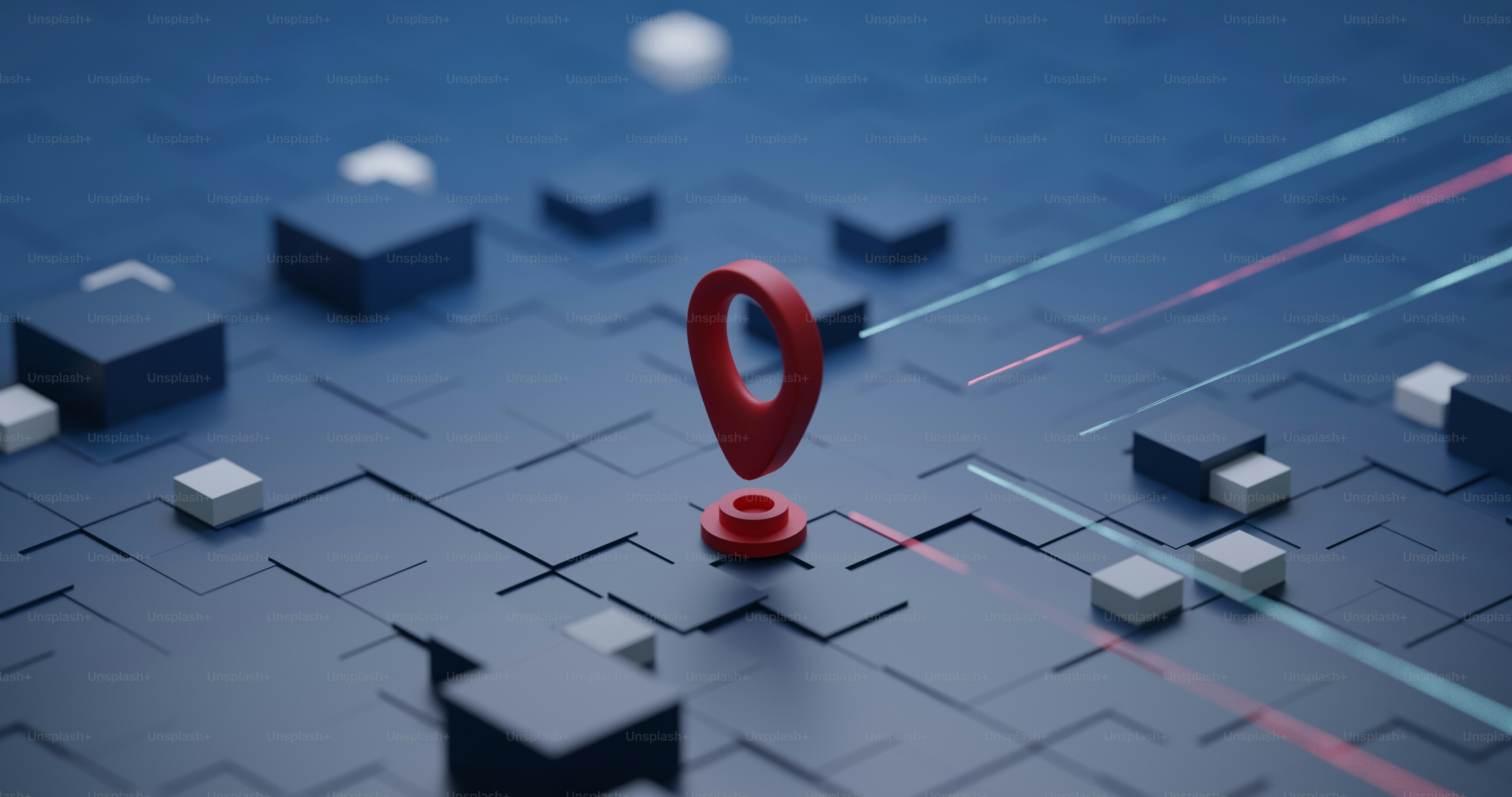 a red pin is in a maze of cubes