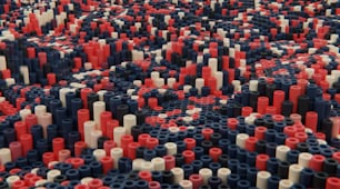 Un grande gruppo di Lego rossi, bianchi e blu