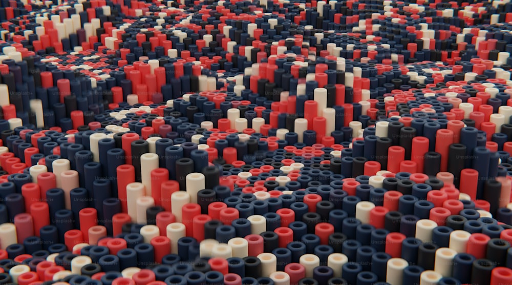 Eine große Gruppe von roten, weißen und blauen Legos