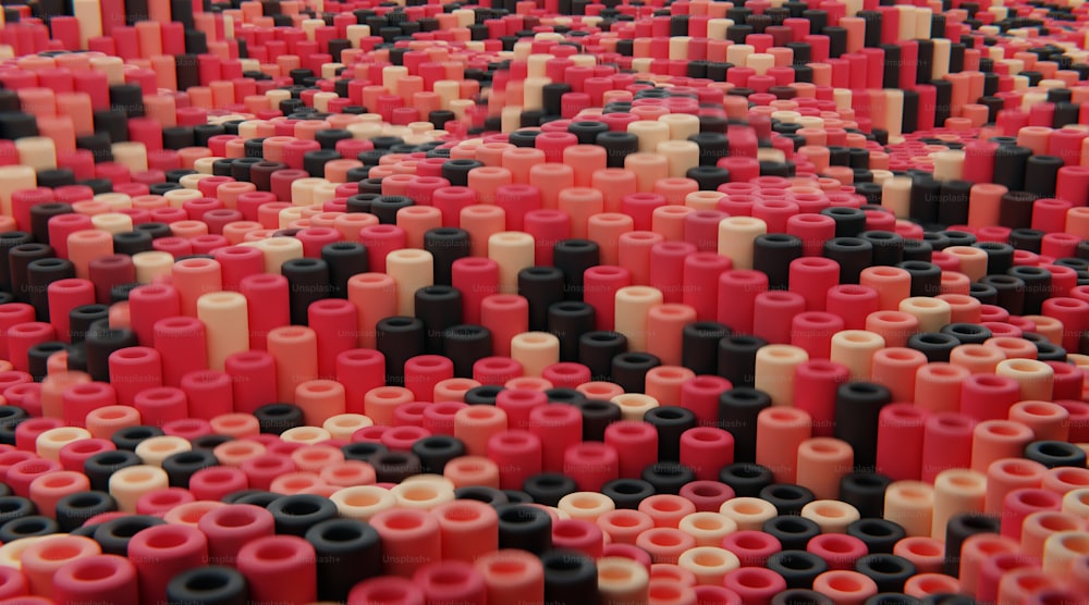 a large group of red, black, and white objects