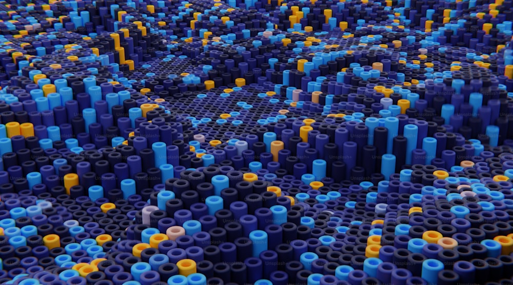 a large group of blue and yellow legos